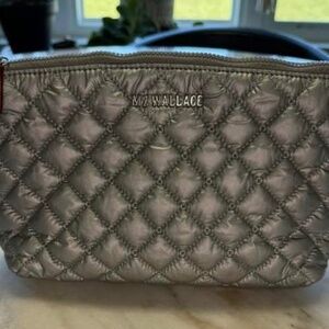 MZ Wallace Cosmetic Case Bag Tin Metallic Silver Neon Yellow Lining